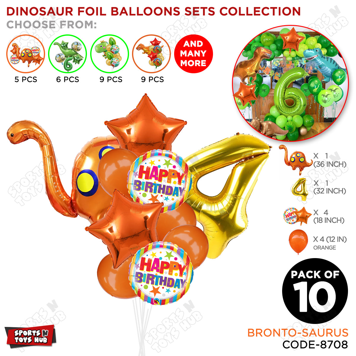 Bronto-Saurus Foil Balloon Pack Of 10 Set With 32 Inch Foil Number Balloons