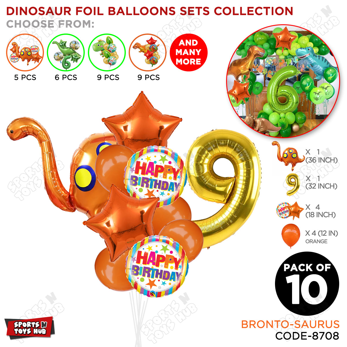 Bronto-Saurus Foil Balloon Pack Of 10 Set With 32 Inch Foil Number Balloons