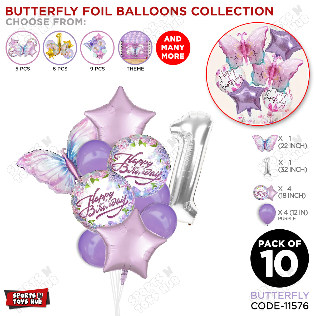 Butterfly Pack Of 10 Foil Balloon Set