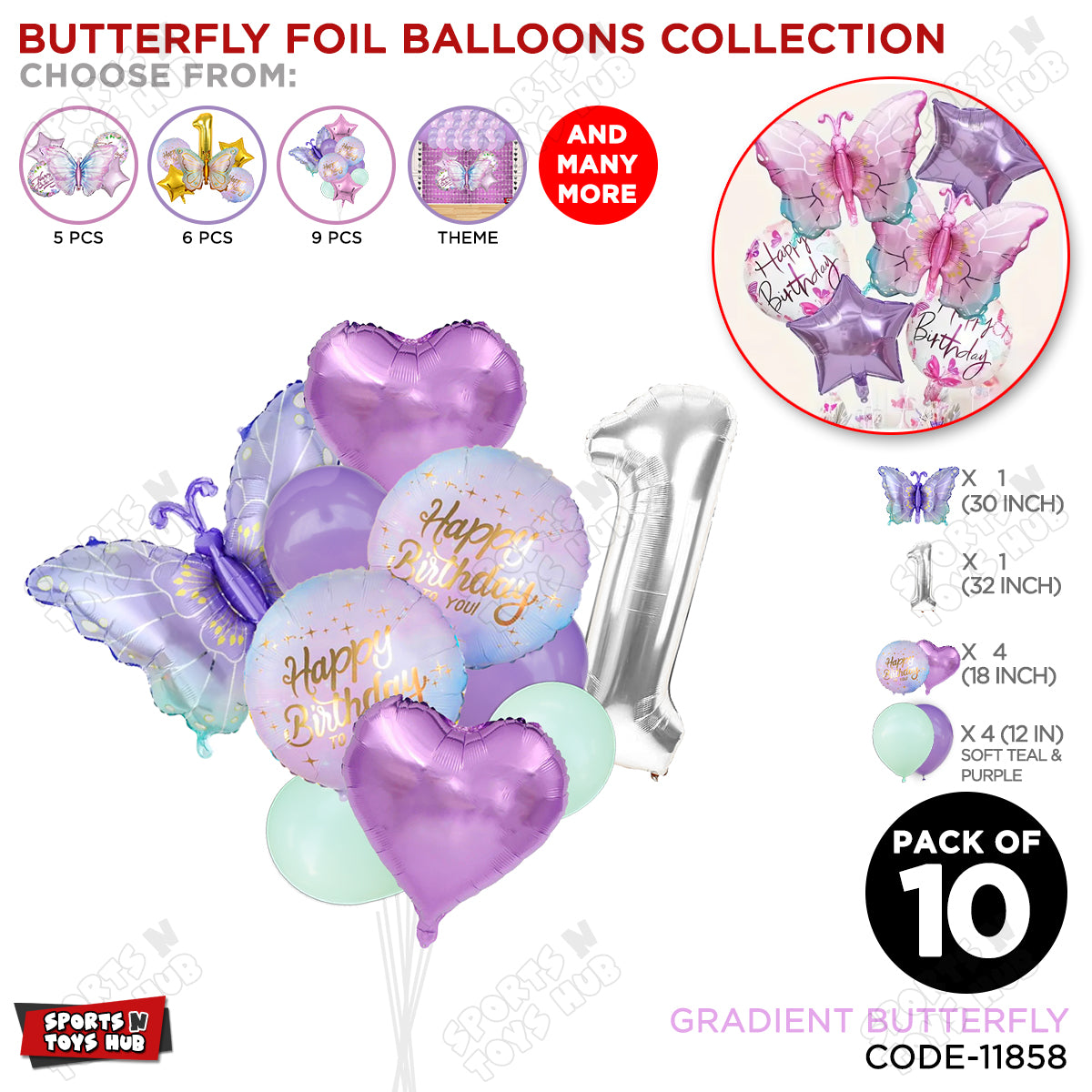 Gradient Blue & Purple Butterfly Pack Of 10 Foil Balloon Set