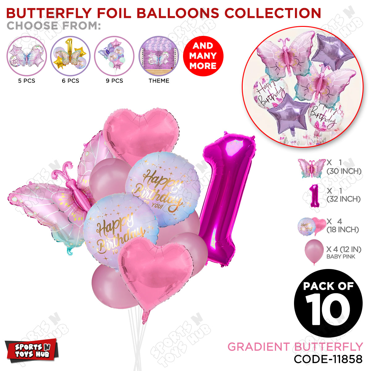Gradient Blue & Pink Butterfly Pack Of 10 Foil Balloon Set