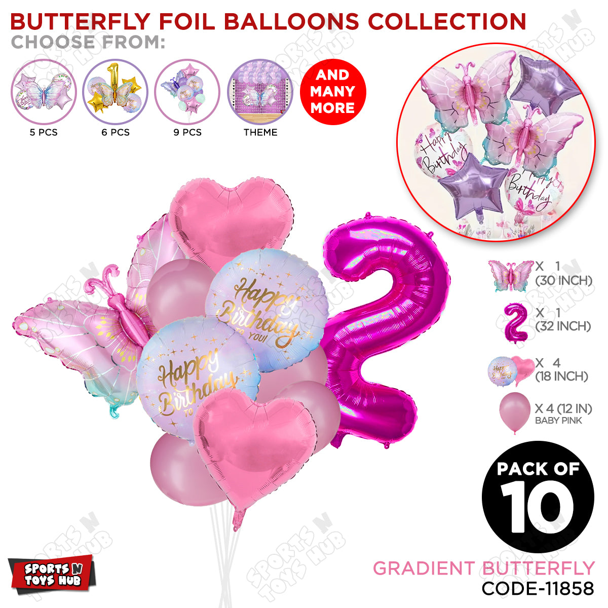 Gradient Blue & Pink Butterfly Pack Of 10 Foil Balloon Set