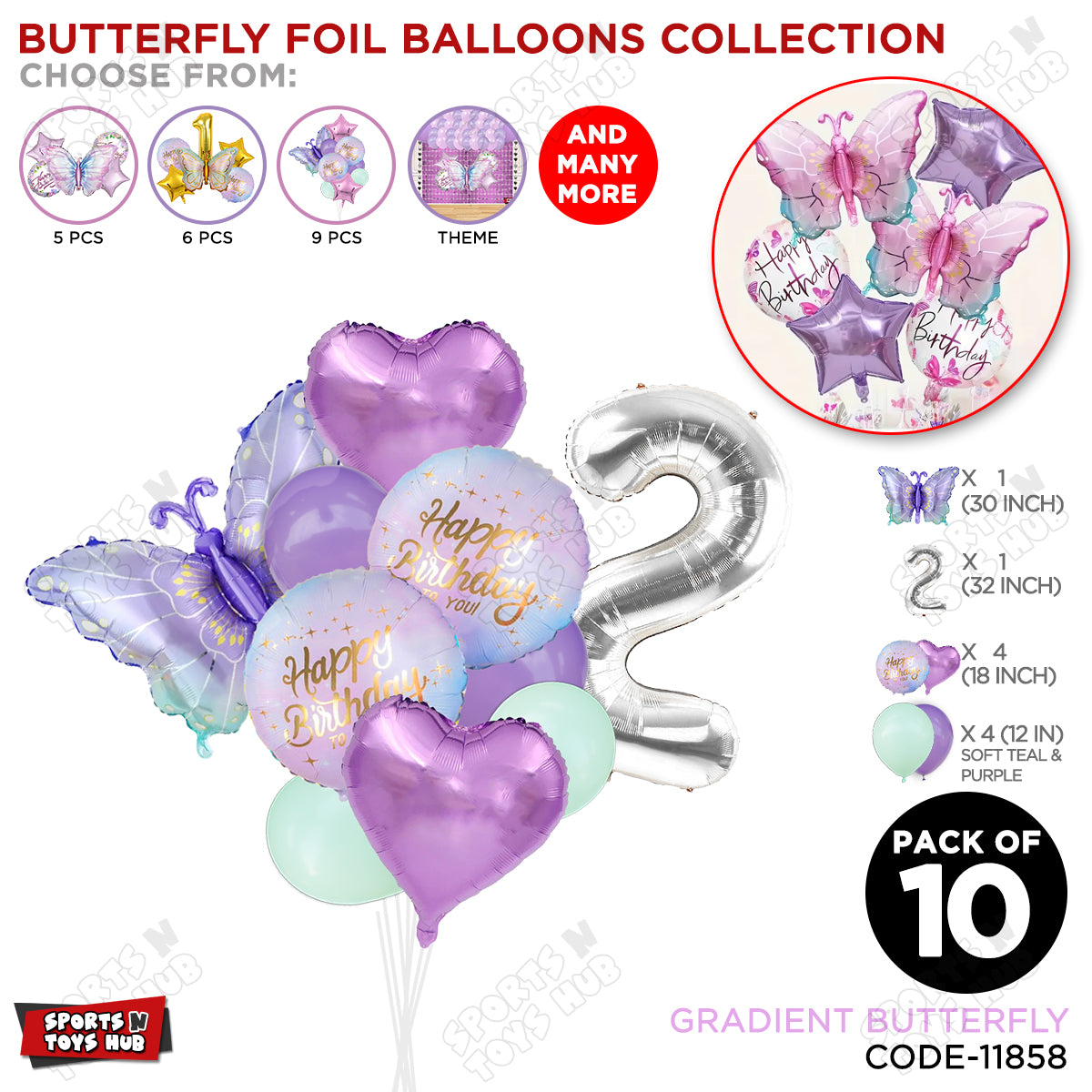 Gradient Blue & Purple Butterfly Pack Of 10 Foil Balloon Set