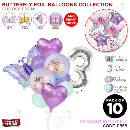 Gradient Blue & Purple Butterfly Pack Of 10 Foil Balloon Set