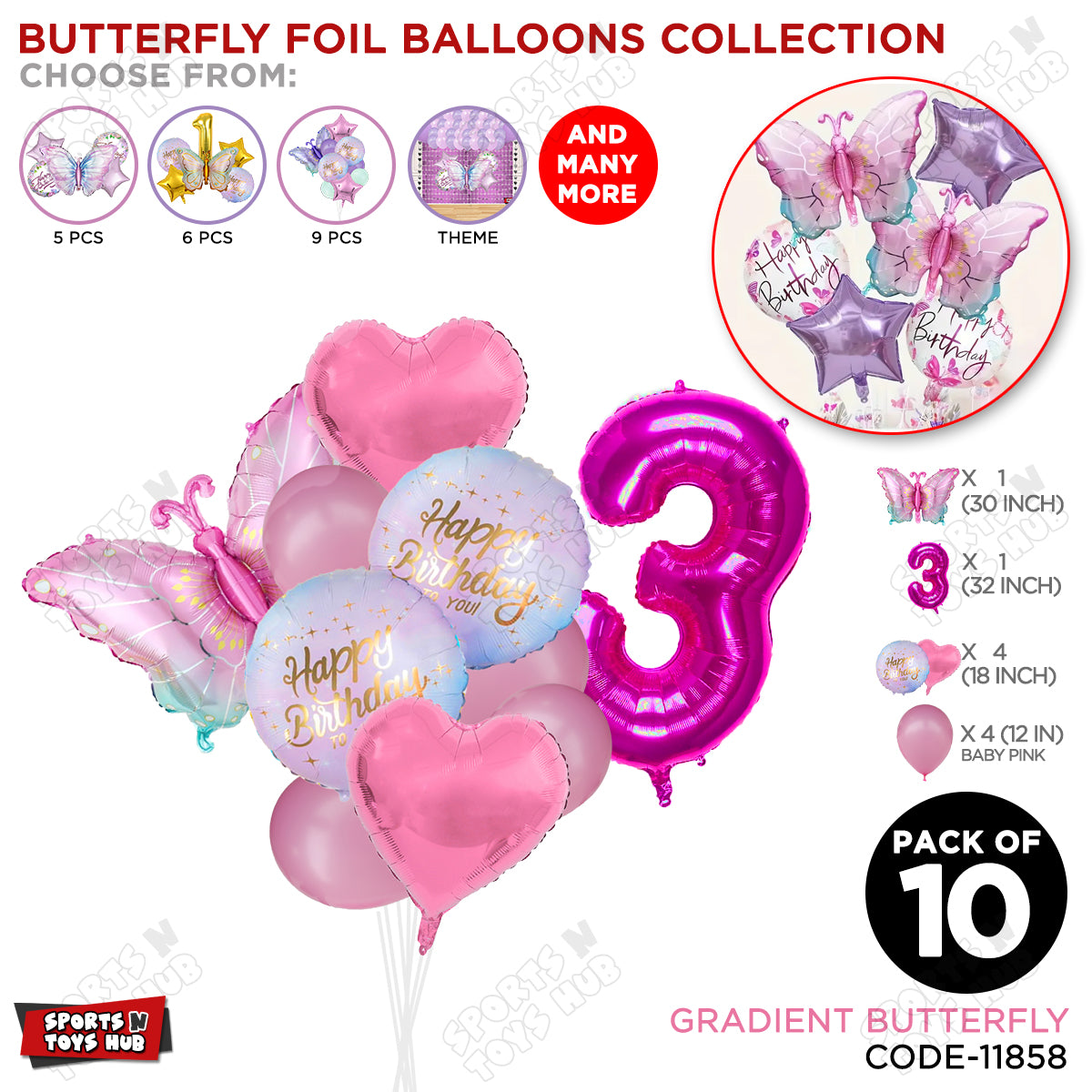 Gradient Blue & Pink Butterfly Pack Of 10 Foil Balloon Set