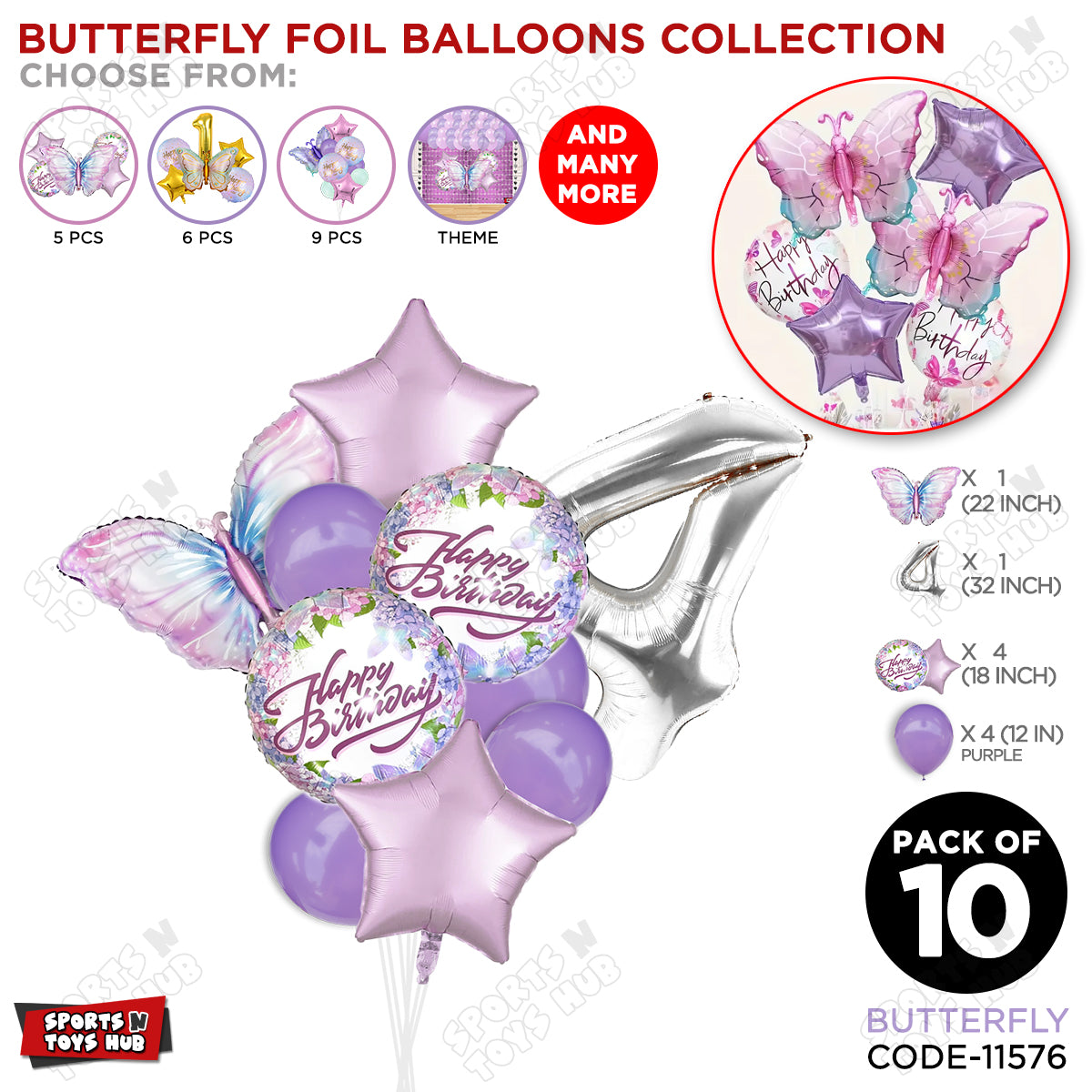 Butterfly Pack Of 10 Foil Balloon Set