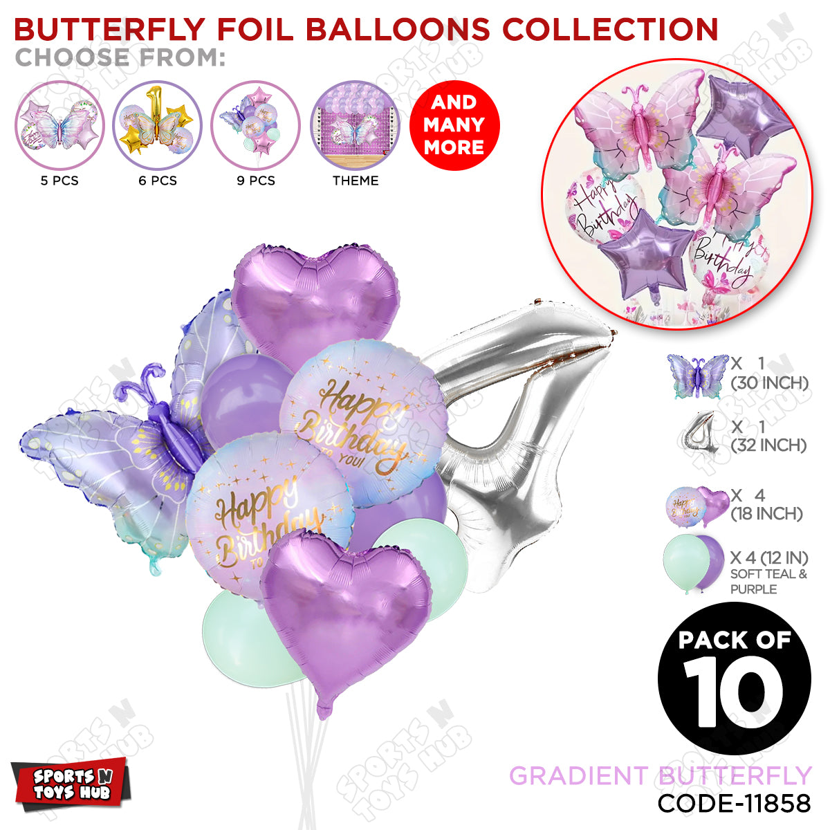 Gradient Blue & Purple Butterfly Pack Of 10 Foil Balloon Set