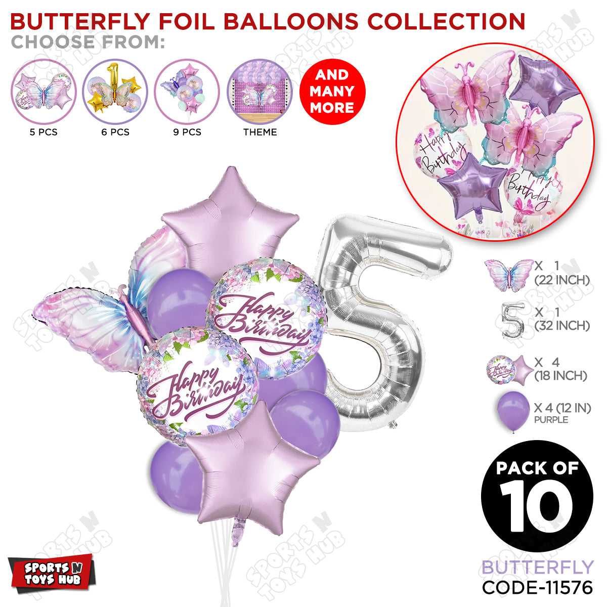 Butterfly Pack Of 10 Foil Balloon Set