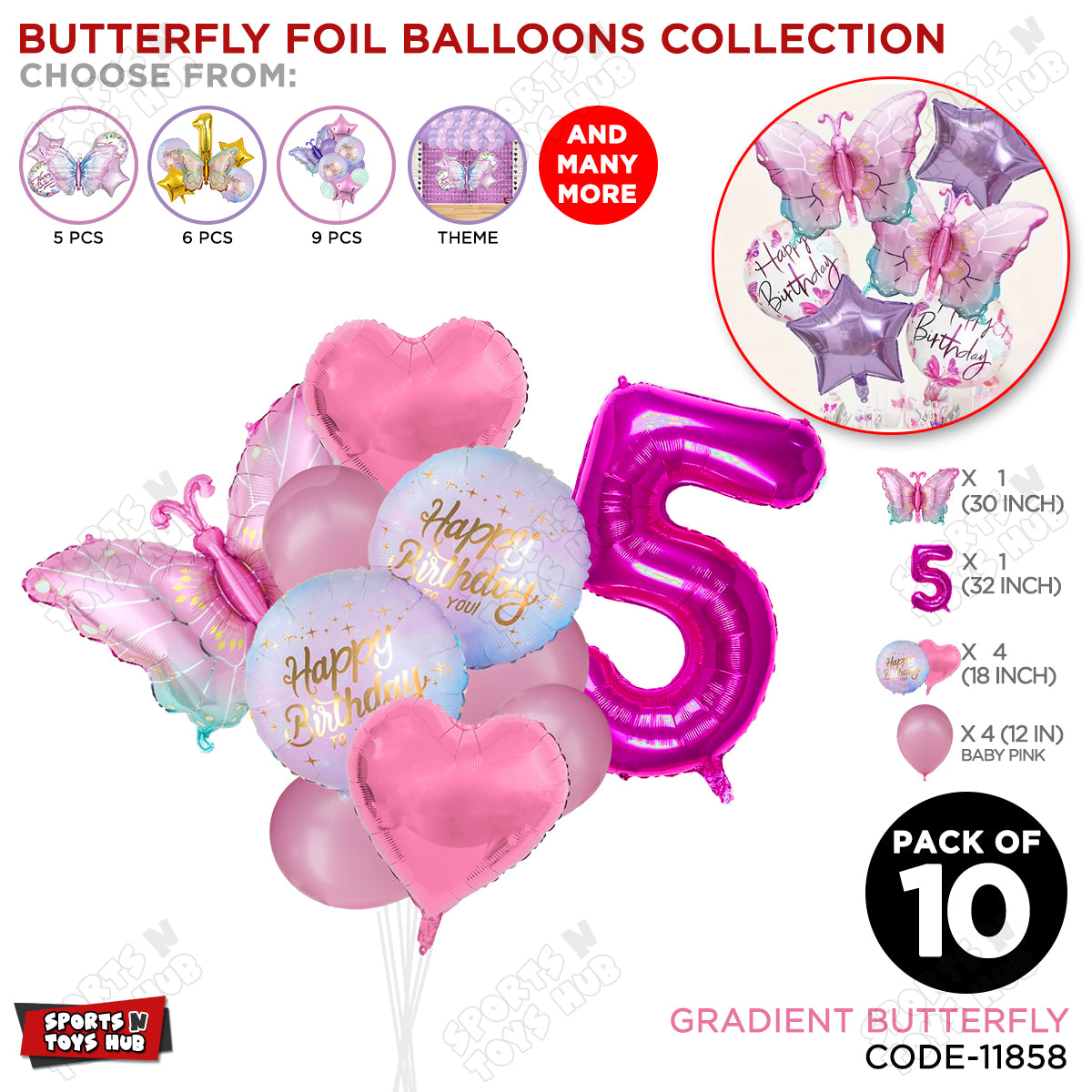 Gradient Blue & Pink Butterfly Pack Of 10 Foil Balloon Set
