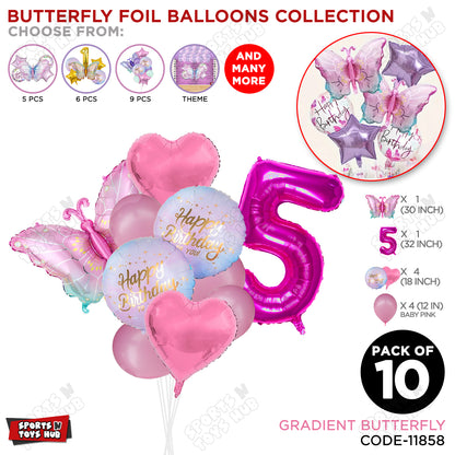 Gradient Blue & Pink Butterfly Pack Of 10 Foil Balloon Set