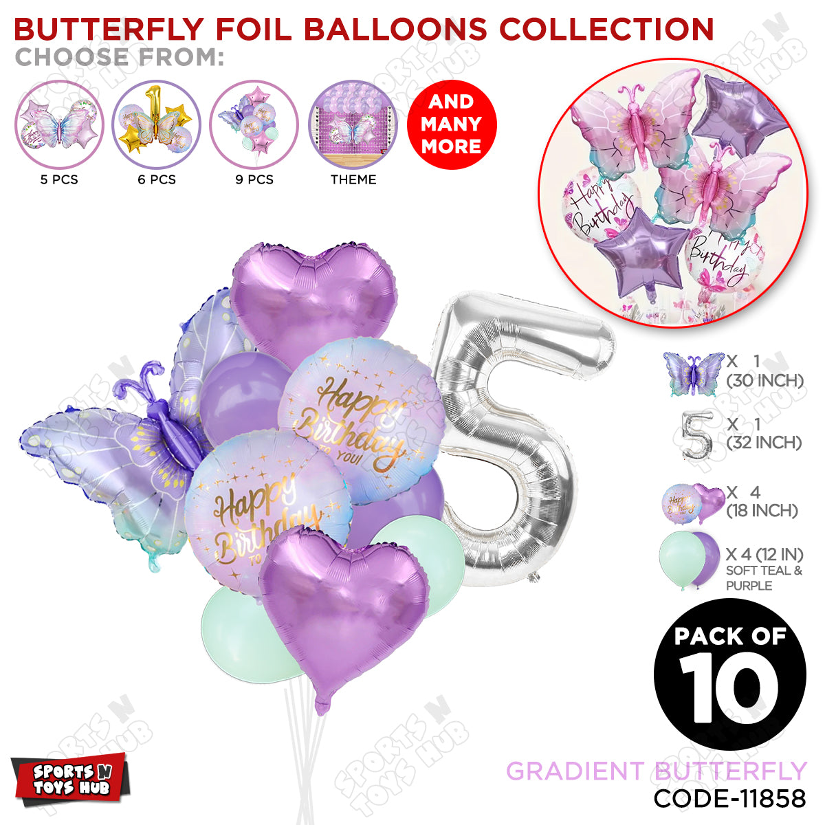 Gradient Blue & Purple Butterfly Pack Of 10 Foil Balloon Set