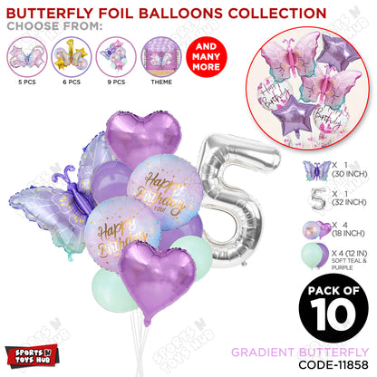 Gradient Blue & Purple Butterfly Pack Of 10 Foil Balloon Set