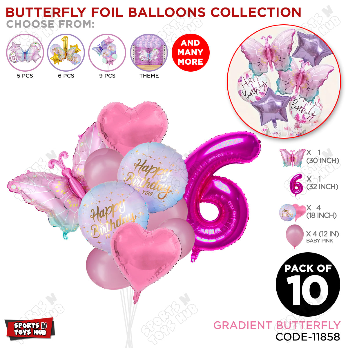 Gradient Blue & Pink Butterfly Pack Of 10 Foil Balloon Set
