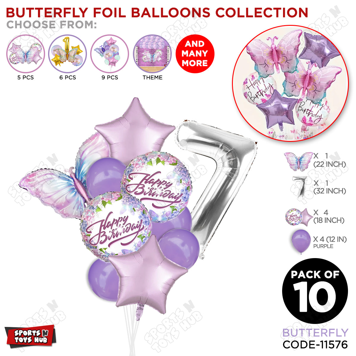 Butterfly Pack Of 10 Foil Balloon Set
