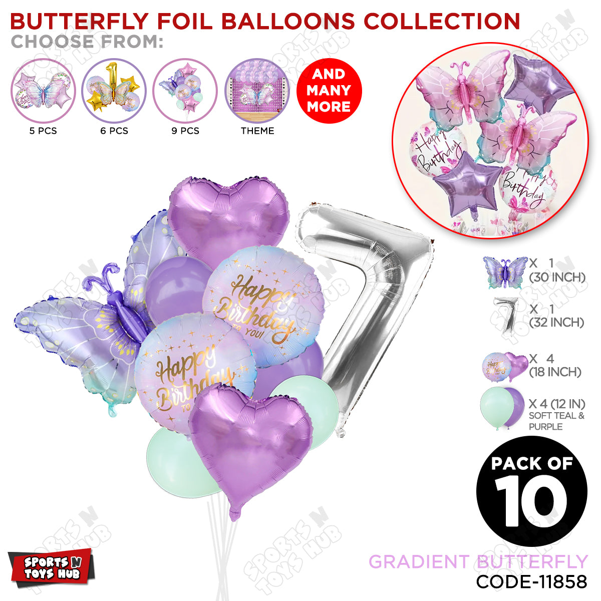 Gradient Blue & Purple Butterfly Pack Of 10 Foil Balloon Set