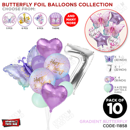 Gradient Blue & Purple Butterfly Pack Of 10 Foil Balloon Set