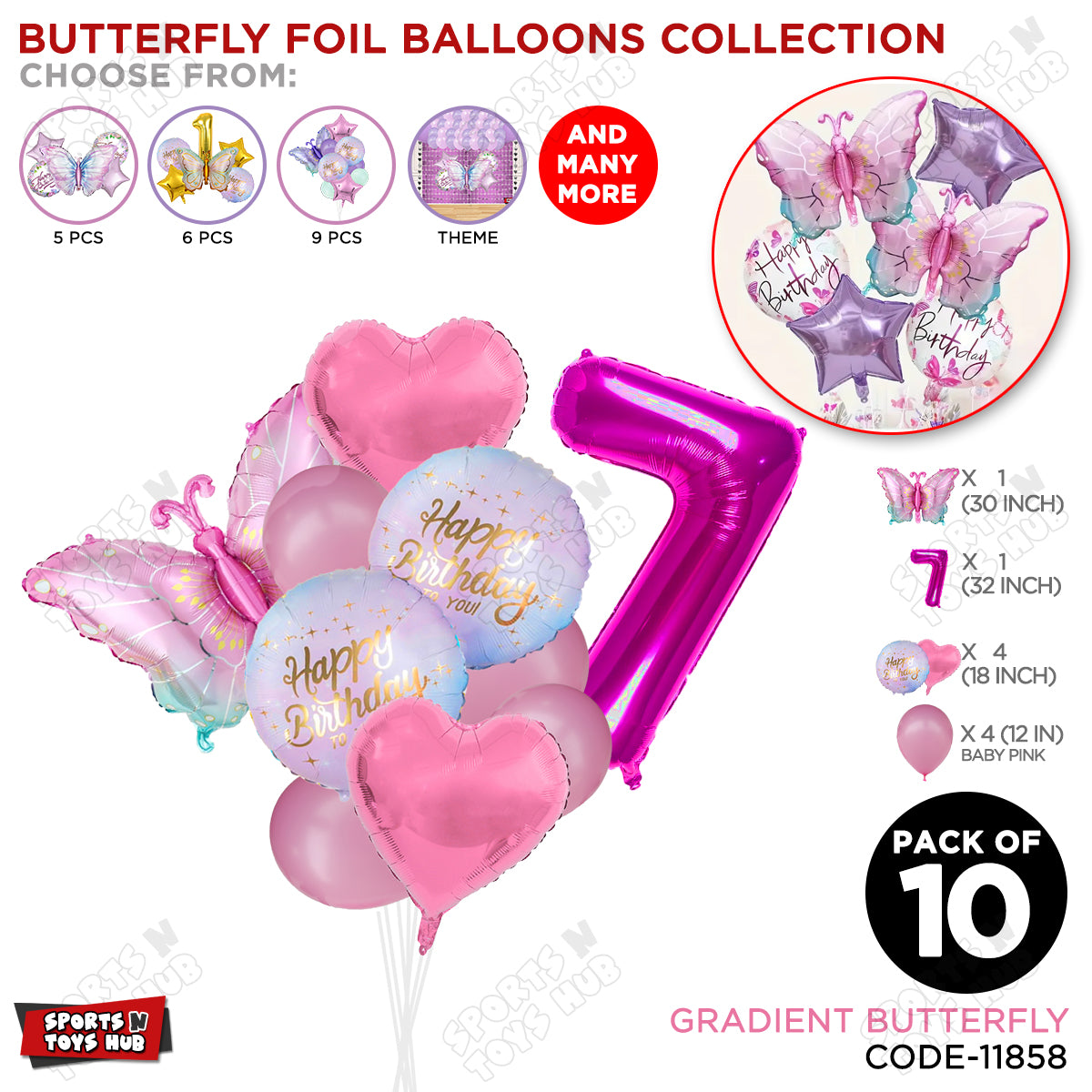 Gradient Blue & Pink Butterfly Pack Of 10 Foil Balloon Set
