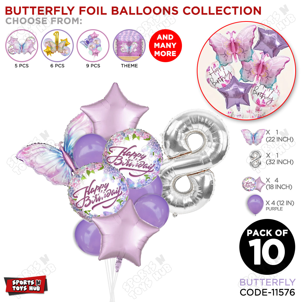 Butterfly Pack Of 10 Foil Balloon Set