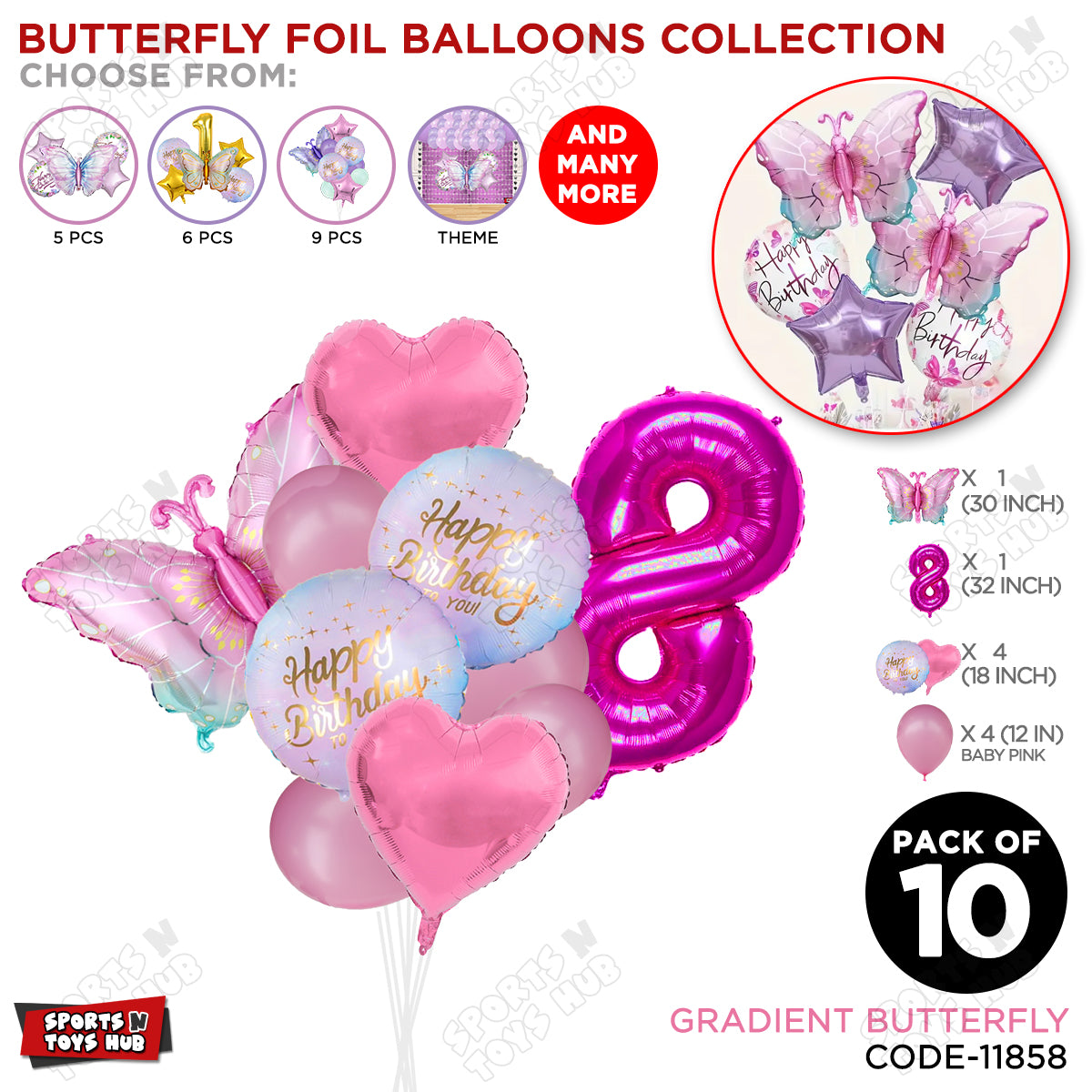 Gradient Blue & Pink Butterfly Pack Of 10 Foil Balloon Set