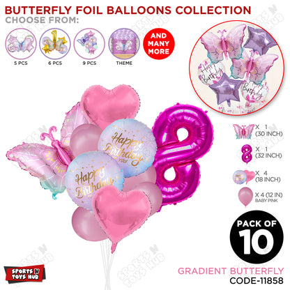 Gradient Blue & Pink Butterfly Pack Of 10 Foil Balloon Set