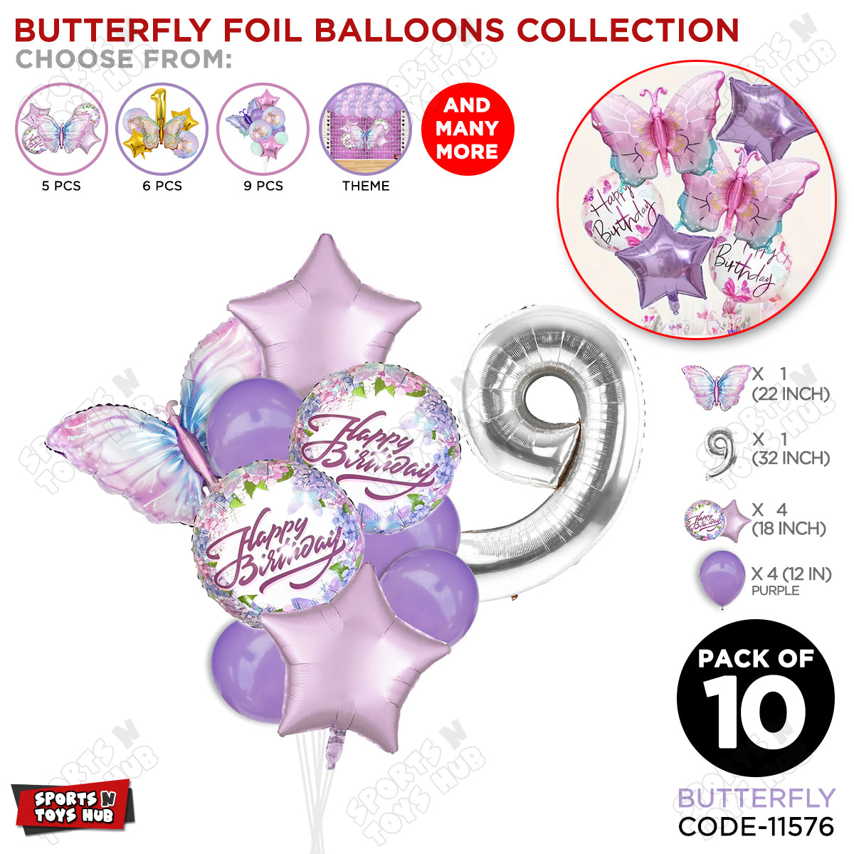 Butterfly Pack Of 10 Foil Balloon Set
