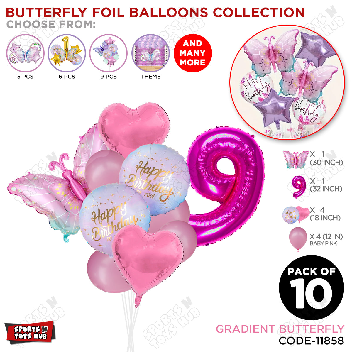 Gradient Blue & Pink Butterfly Pack Of 10 Foil Balloon Set