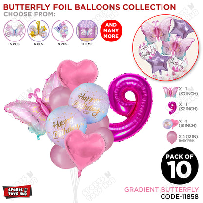 Gradient Blue & Pink Butterfly Pack Of 10 Foil Balloon Set