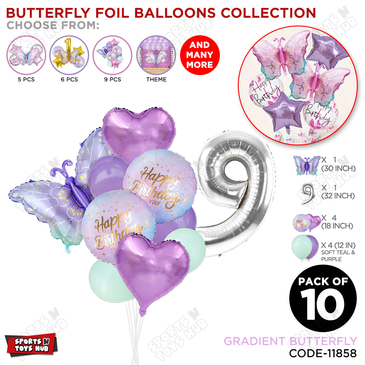 Gradient Blue & Purple Butterfly Pack Of 10 Foil Balloon Set