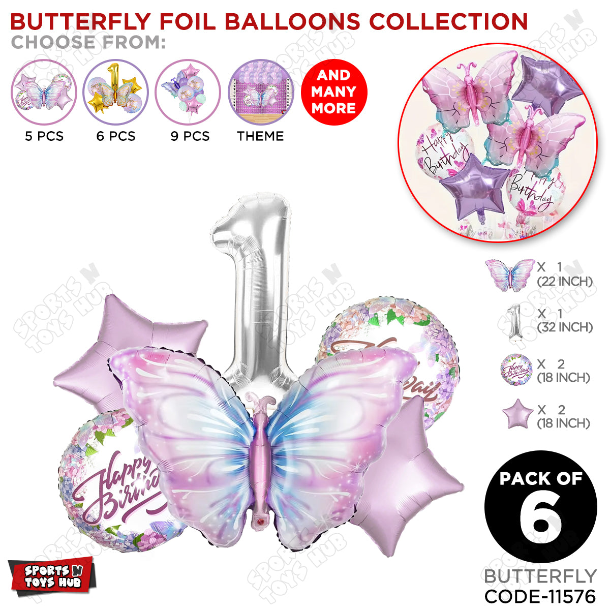 Butterfly Pack Of 6 Foil Balloon Set