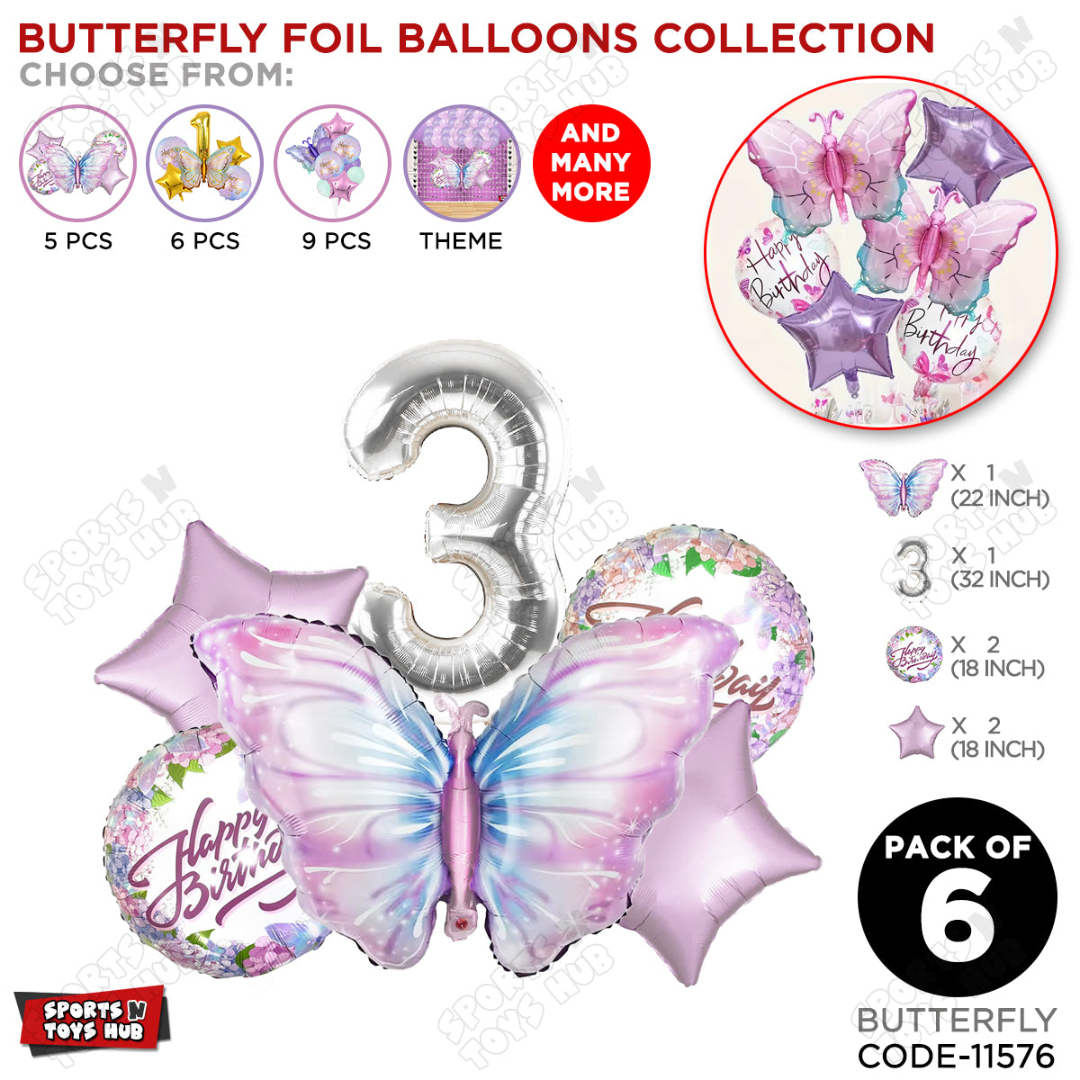 Butterfly Pack Of 6 Foil Balloon Set