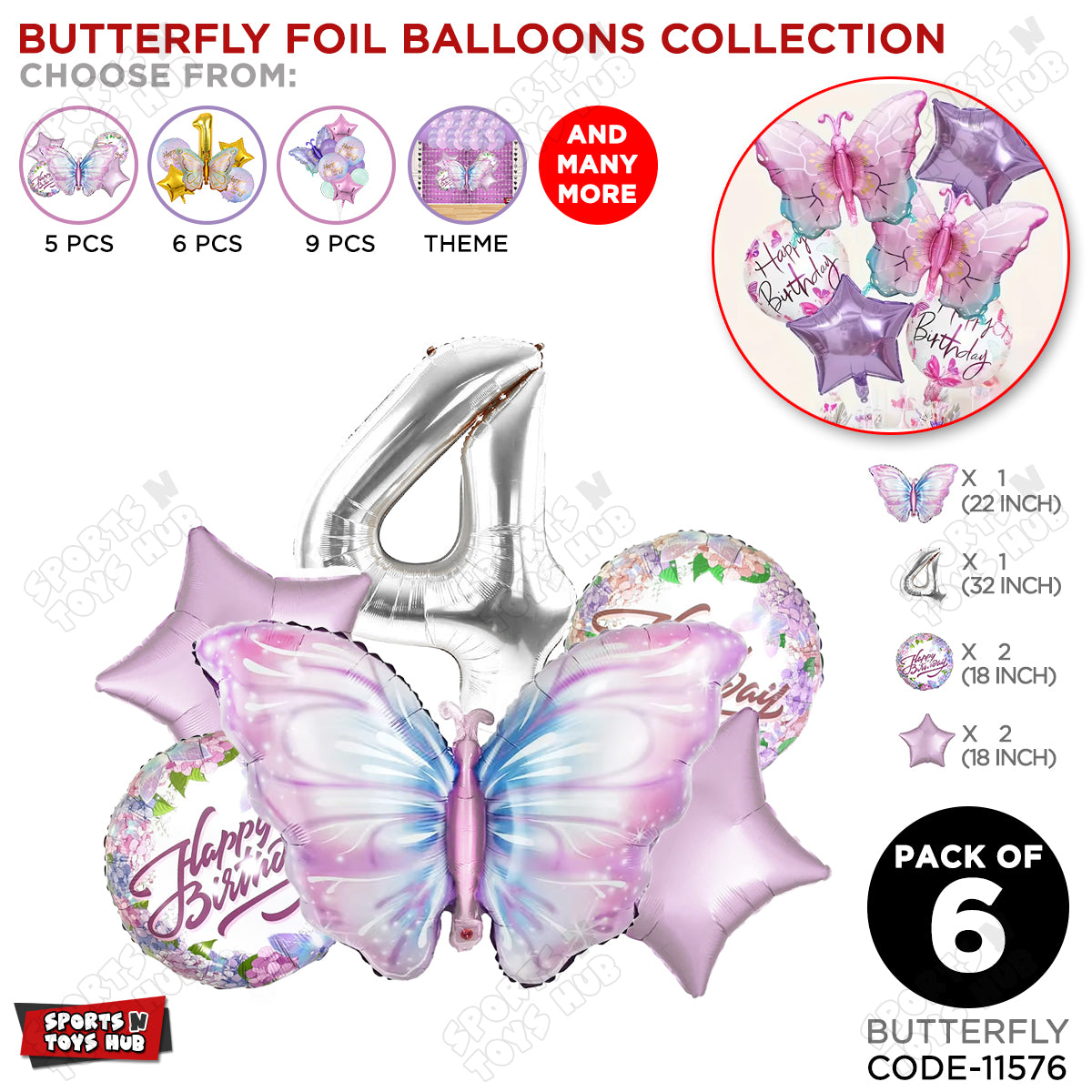 Butterfly Pack Of 6 Foil Balloon Set