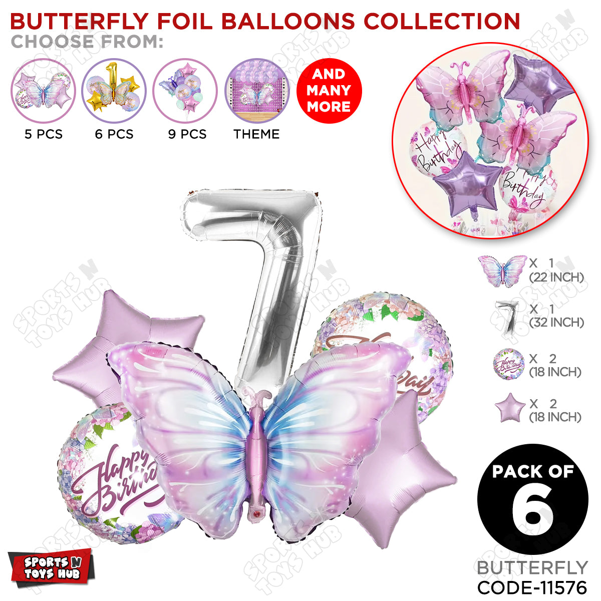 Butterfly Pack Of 6 Foil Balloon Set