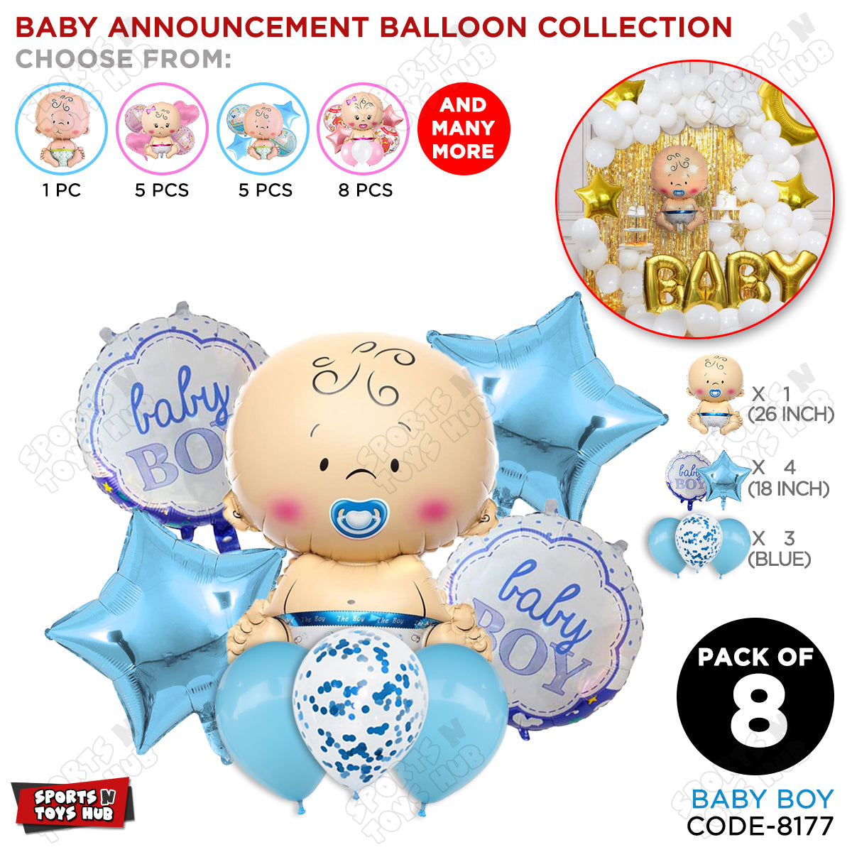 Baby Boy Foil Balloon - Pack Of 8