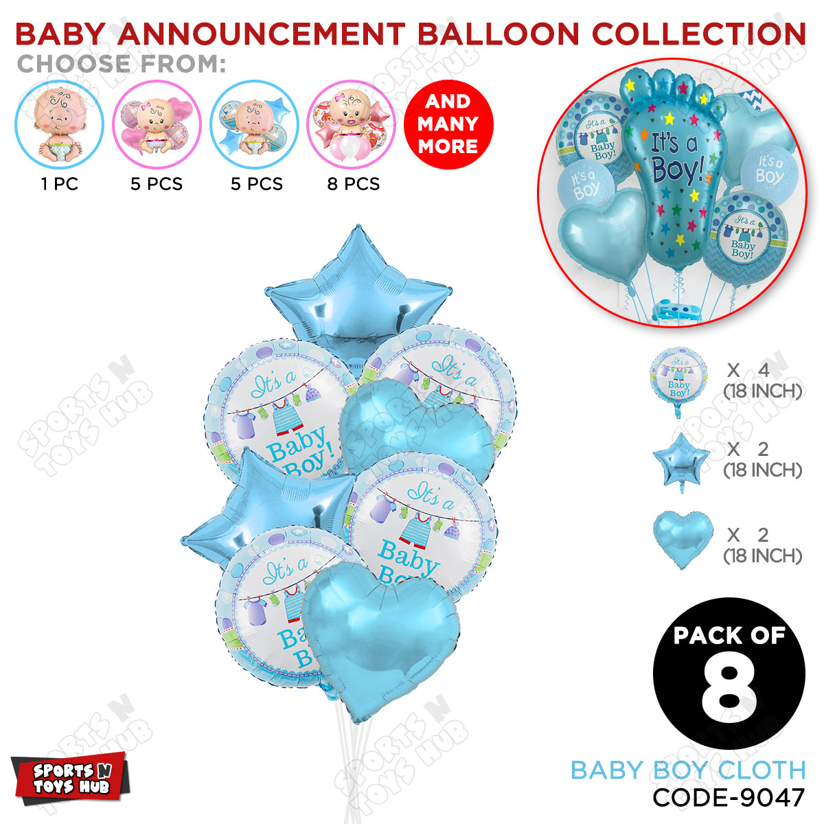 Baby Announcement Baby Boy Cloth Round Foil Balloon - Pack Of 8