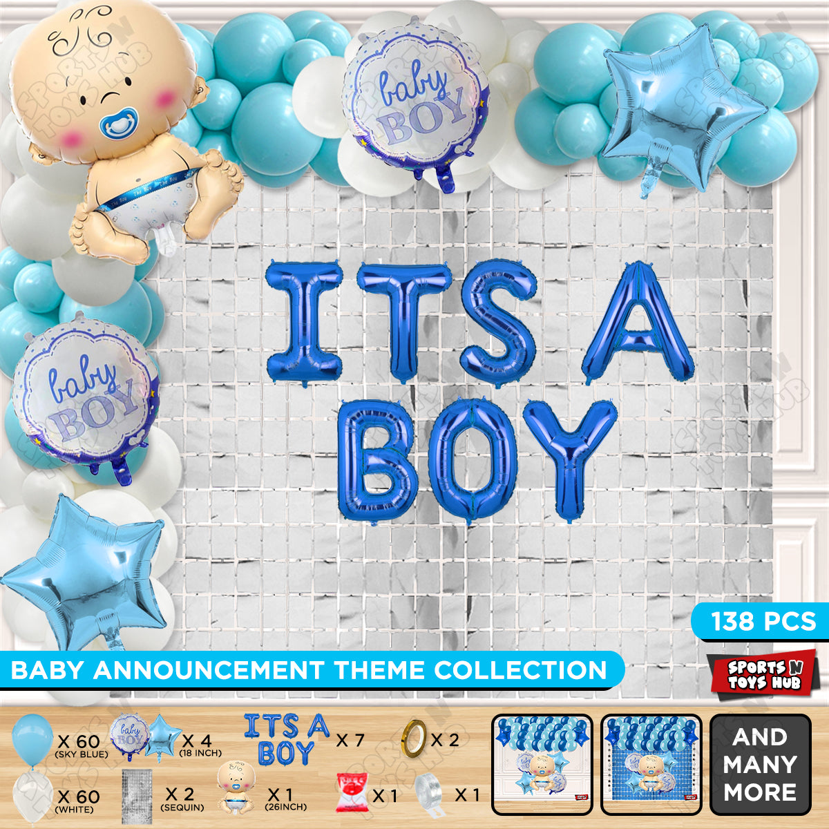 Baby Boy Foil Balloon Set With Its A Boy Foil Letter Arch Blue & White Color Theme - Pack Of 138