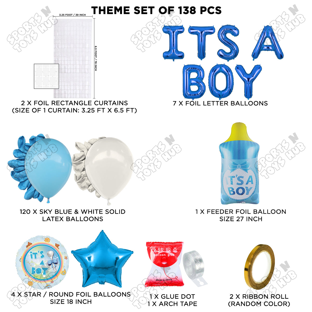 Feeder Foil Balloon With Its A Boy Foil Letter Arch Dark Blue & White Color Theme - Pack Of 138