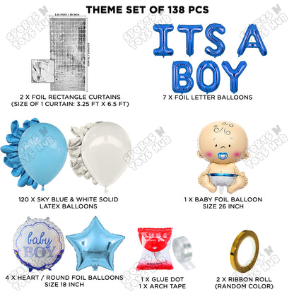 Baby Boy Foil Balloon Set With Its A Boy Foil Letter Arch Blue & White Color Theme - Pack Of 138
