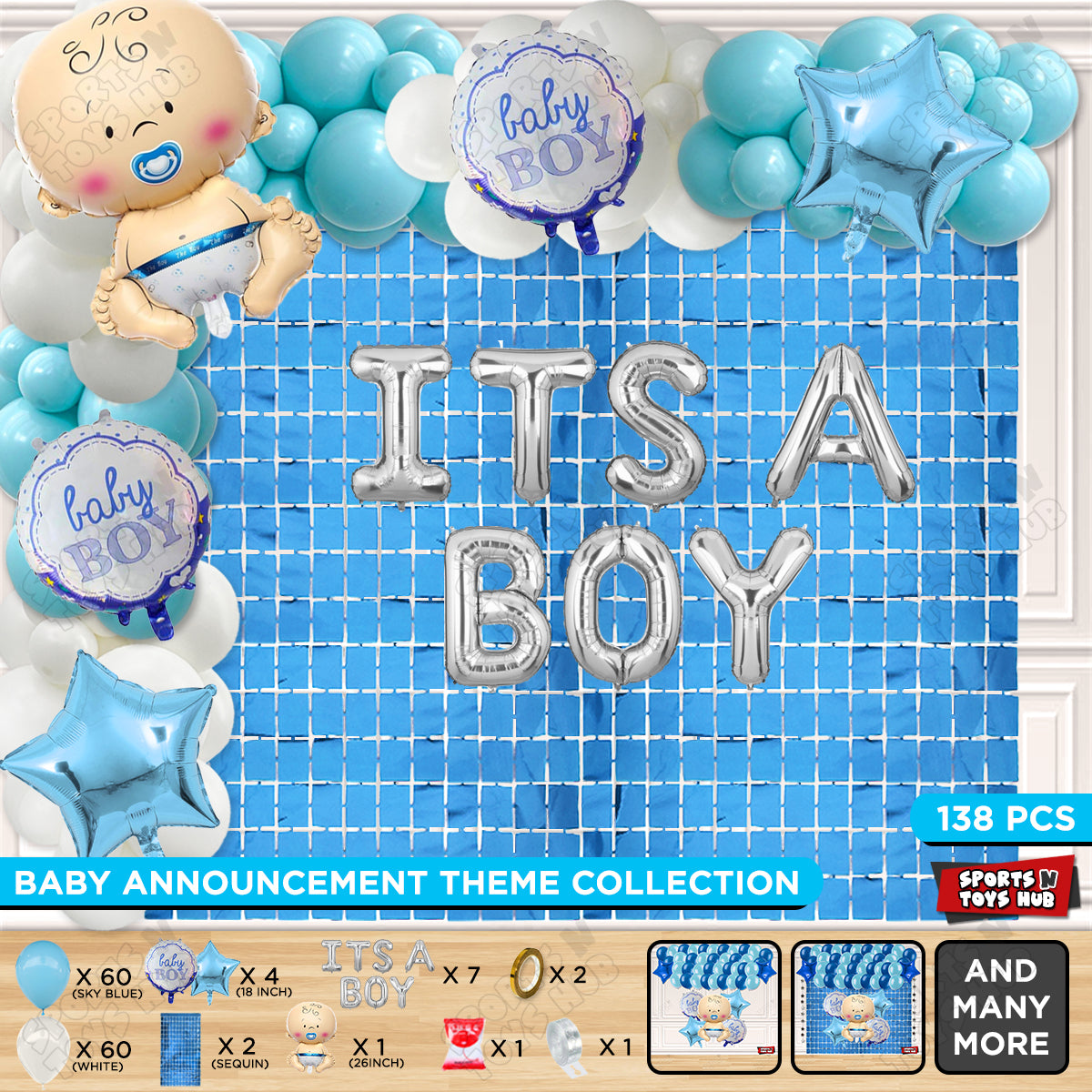 Baby Boy Foil Balloon Set With Its A Boy Foil Letter Arch Blue & White Color Theme - Pack Of 138