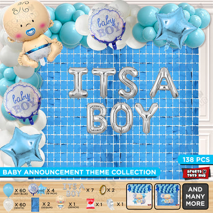 Baby Boy Foil Balloon Set With Its A Boy Foil Letter Arch Blue & White Color Theme - Pack Of 138
