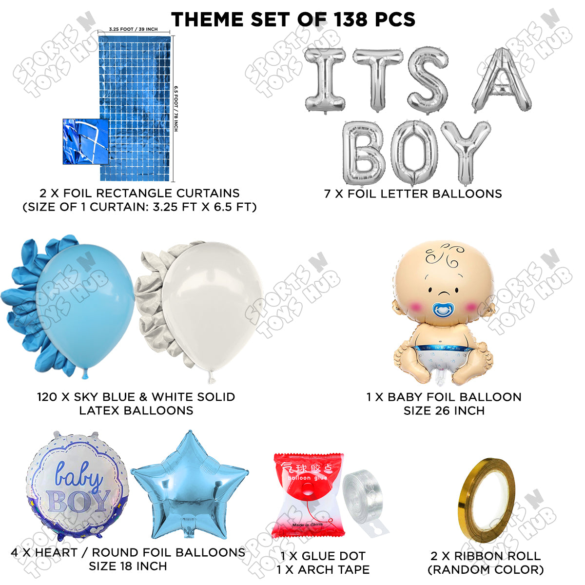 Baby Boy Foil Balloon Set With Its A Boy Foil Letter Arch Blue & White Color Theme - Pack Of 138