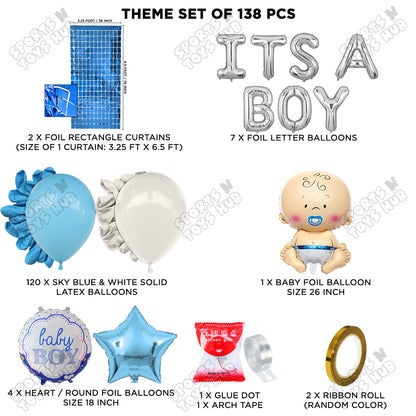 Baby Boy Foil Balloon Set With Its A Boy Foil Letter Arch Blue & White Color Theme - Pack Of 138