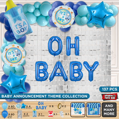 Feeder Foil Balloon With Oh Baby Foil Letter Dark Blue & Blue Color Arch Theme - Pack Of 137