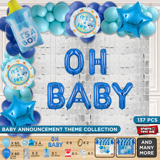 Feeder Foil Balloon With Oh Baby Foil Letter Dark Blue & Blue Color Arch Theme - Pack Of 137