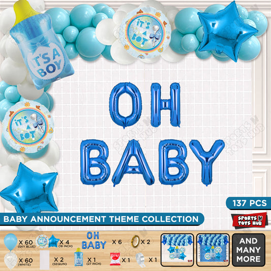 Feeder Foil Balloon With Oh Baby Foil Letter White & Blue Color Arch Theme - Pack Of 137