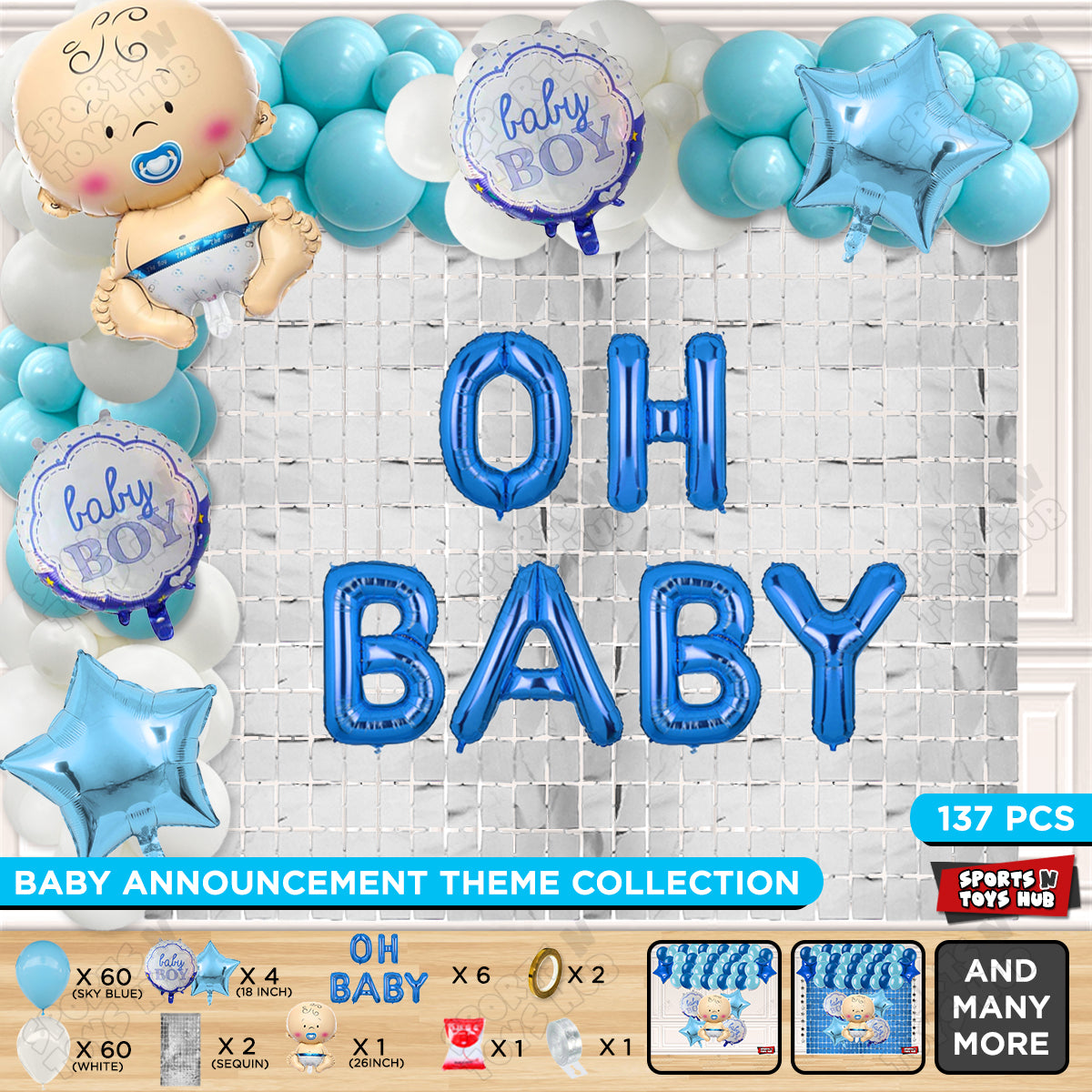 Baby Boy Foil Balloon Set With Oh Baby Foil Letter Arch Blue & White Color Theme - Pack Of 137