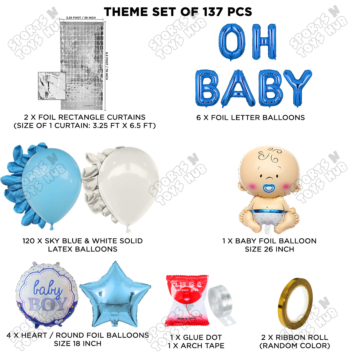 Baby Boy Foil Balloon Set With Oh Baby Foil Letter Arch Blue & White Color Theme - Pack Of 137