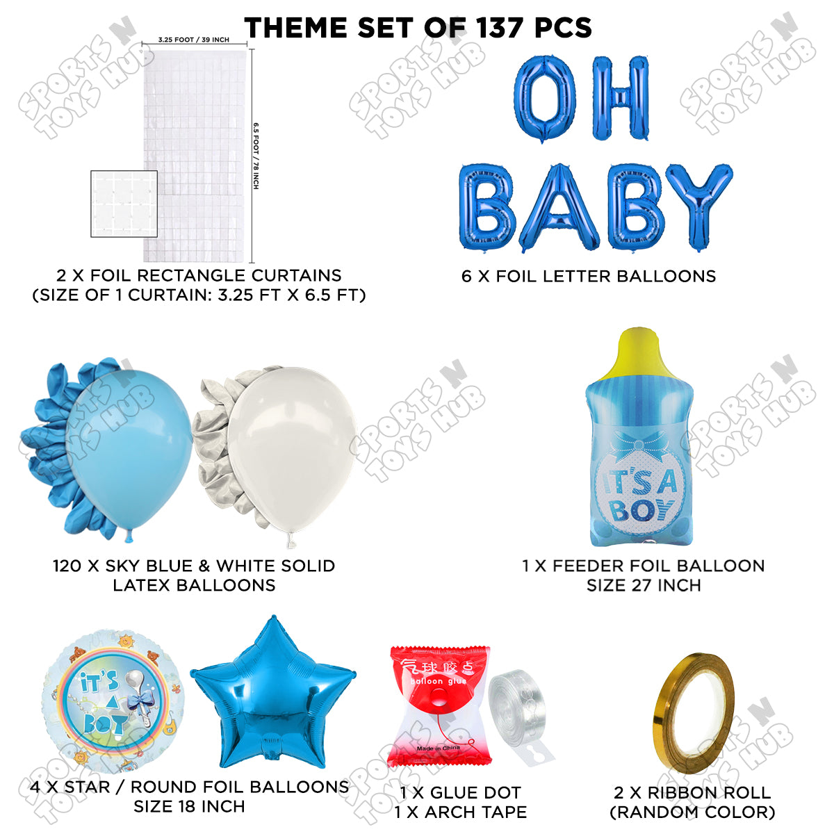 Feeder Foil Balloon With Oh Baby Foil Letter White & Blue Color Arch Theme - Pack Of 137