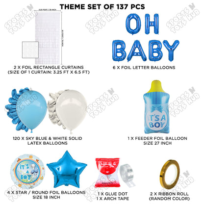 Feeder Foil Balloon With Oh Baby Foil Letter White & Blue Color Arch Theme - Pack Of 137