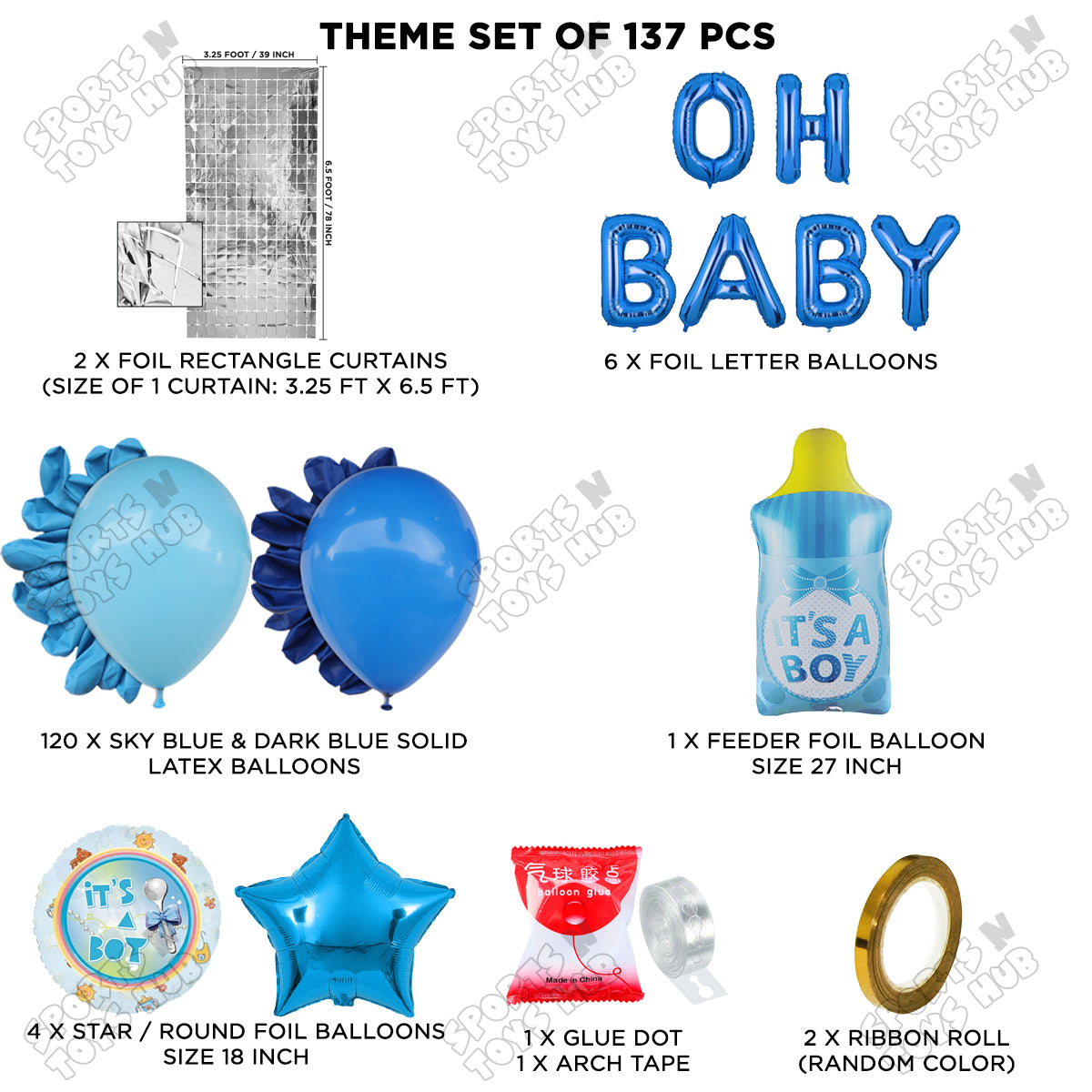 Feeder Foil Balloon With Oh Baby Foil Letter Dark Blue & Blue Color Arch Theme - Pack Of 137