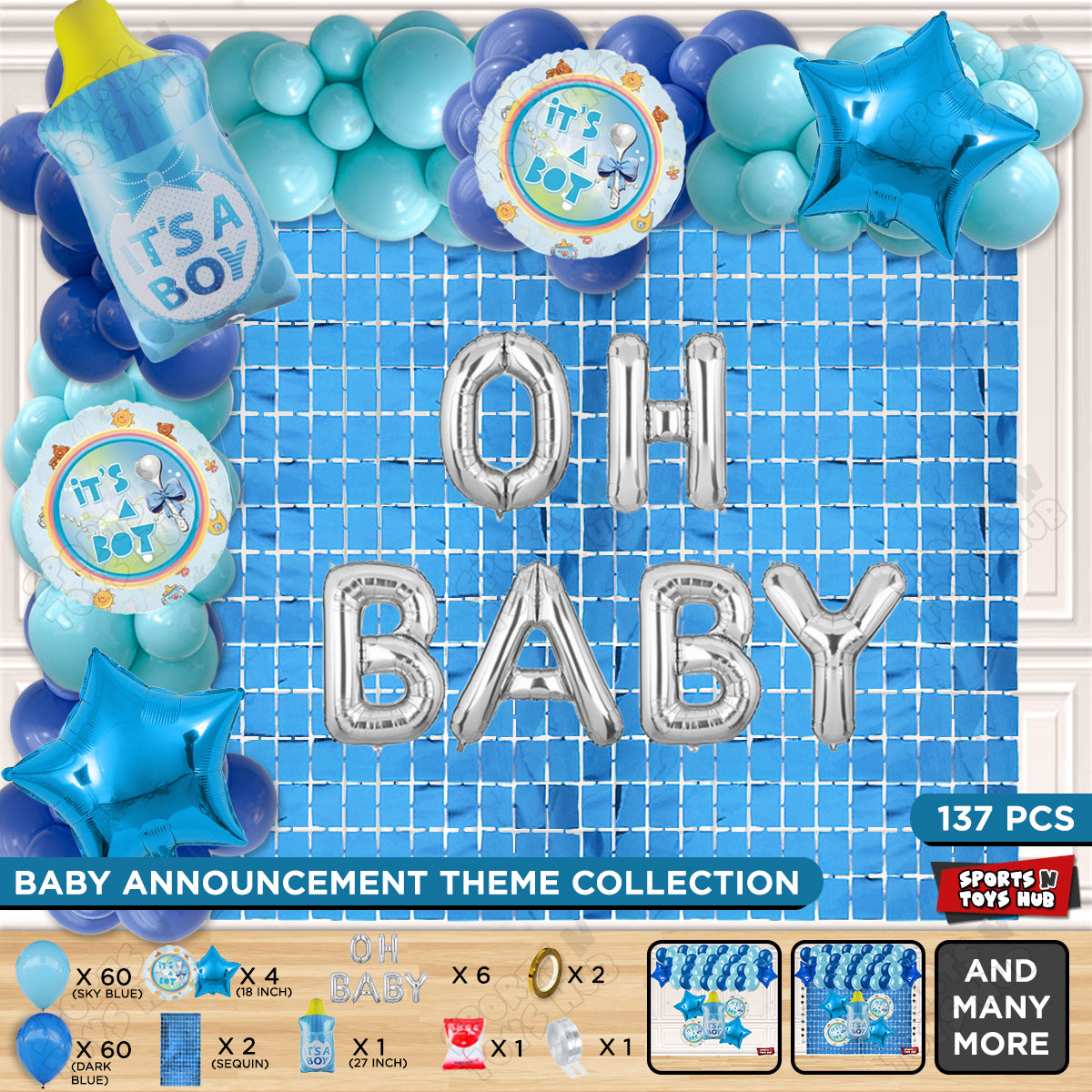 Feeder Foil Balloon With Oh Baby Foil Letter Dark Blue & Blue Color Arch Theme - Pack Of 137